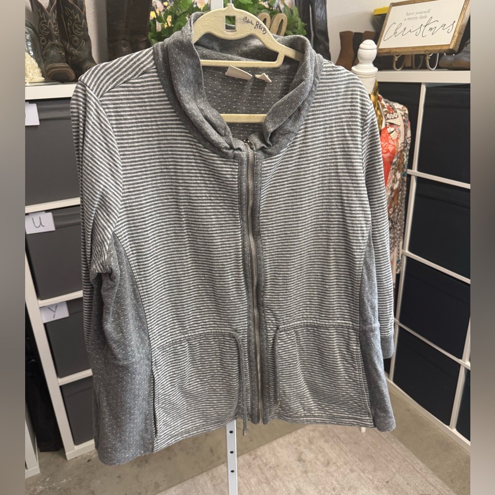 Chico's Gray Striped Sweatshirt Jacket With Cropped Sleeves Size 3